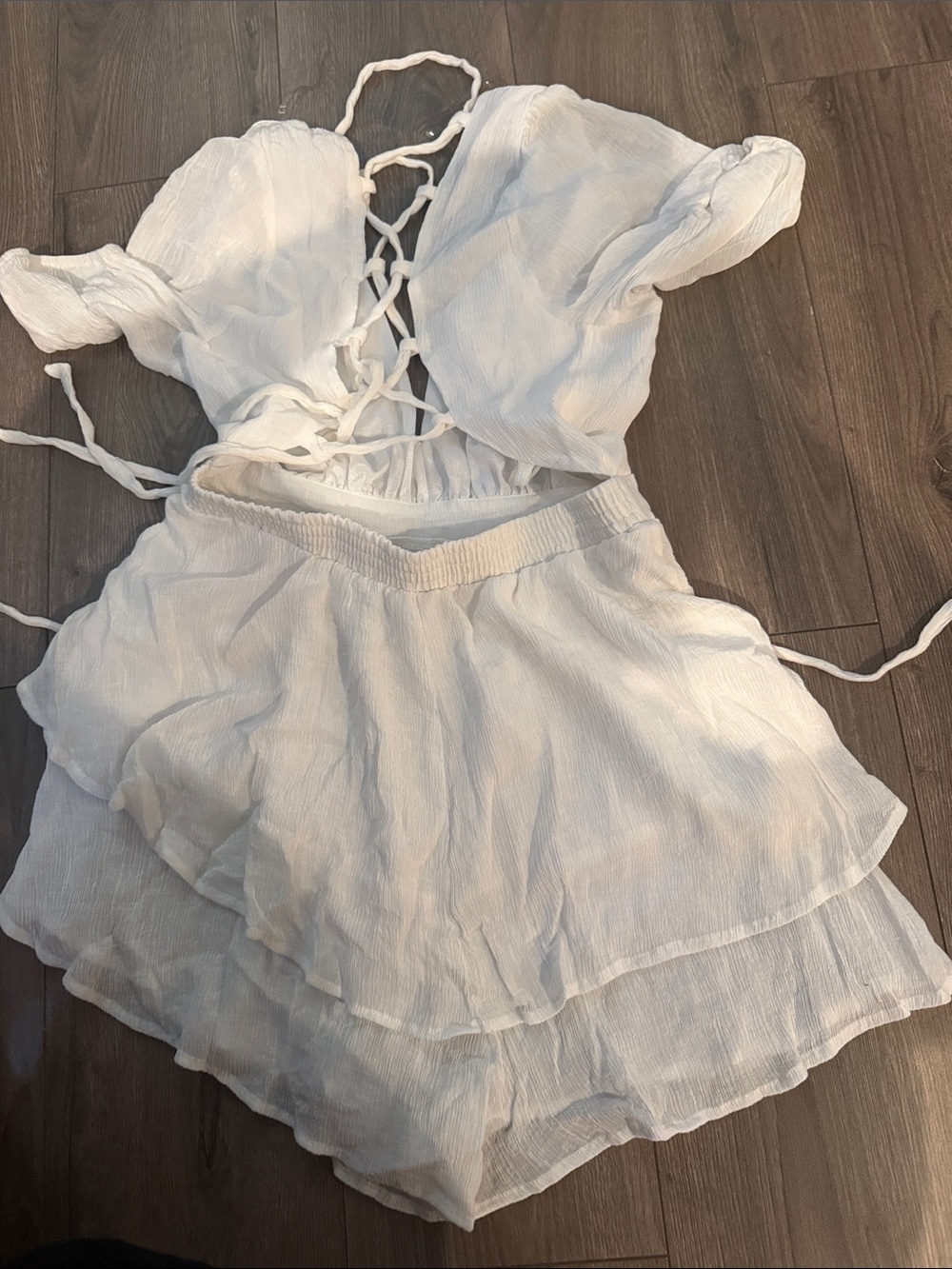Fashion Nova White Tiered Romper with Lace-Up V-Neck - Picture 2 of 4